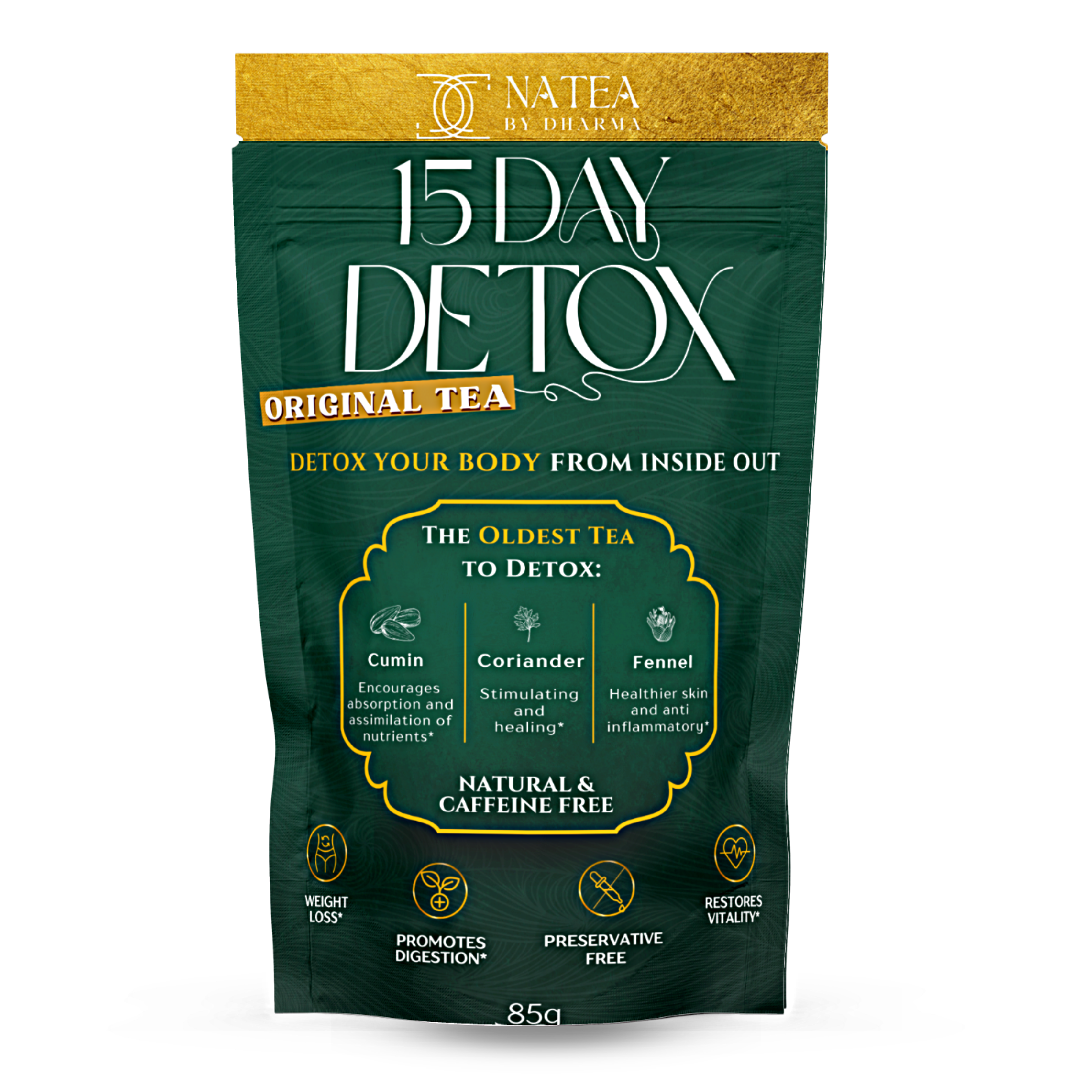 Original Detox Tea box with 15 caffeine-free herbal tea bags – cumin, coriander, fennel blend