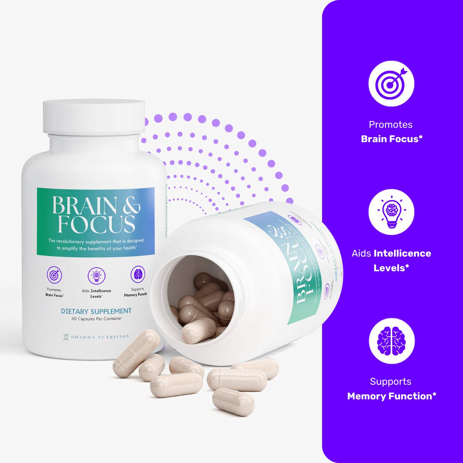 Brain & Focus Formula supplement facts panel showing DMAE Bitartrate, L-Tyrosine, Bacopa Monnieri and B-vitamins
