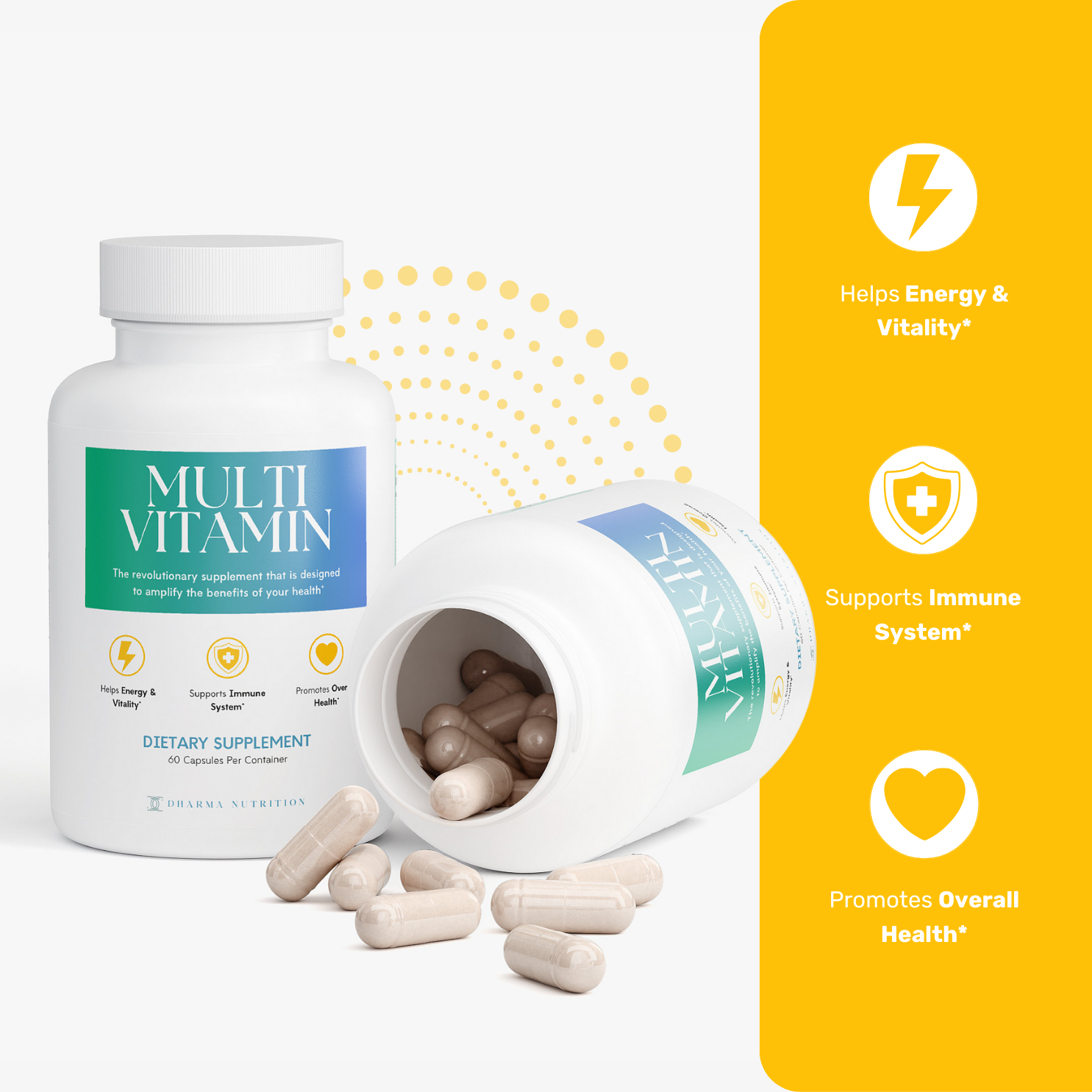 Complete daily multivitamin supplement bottle — energy and immune support formula for women