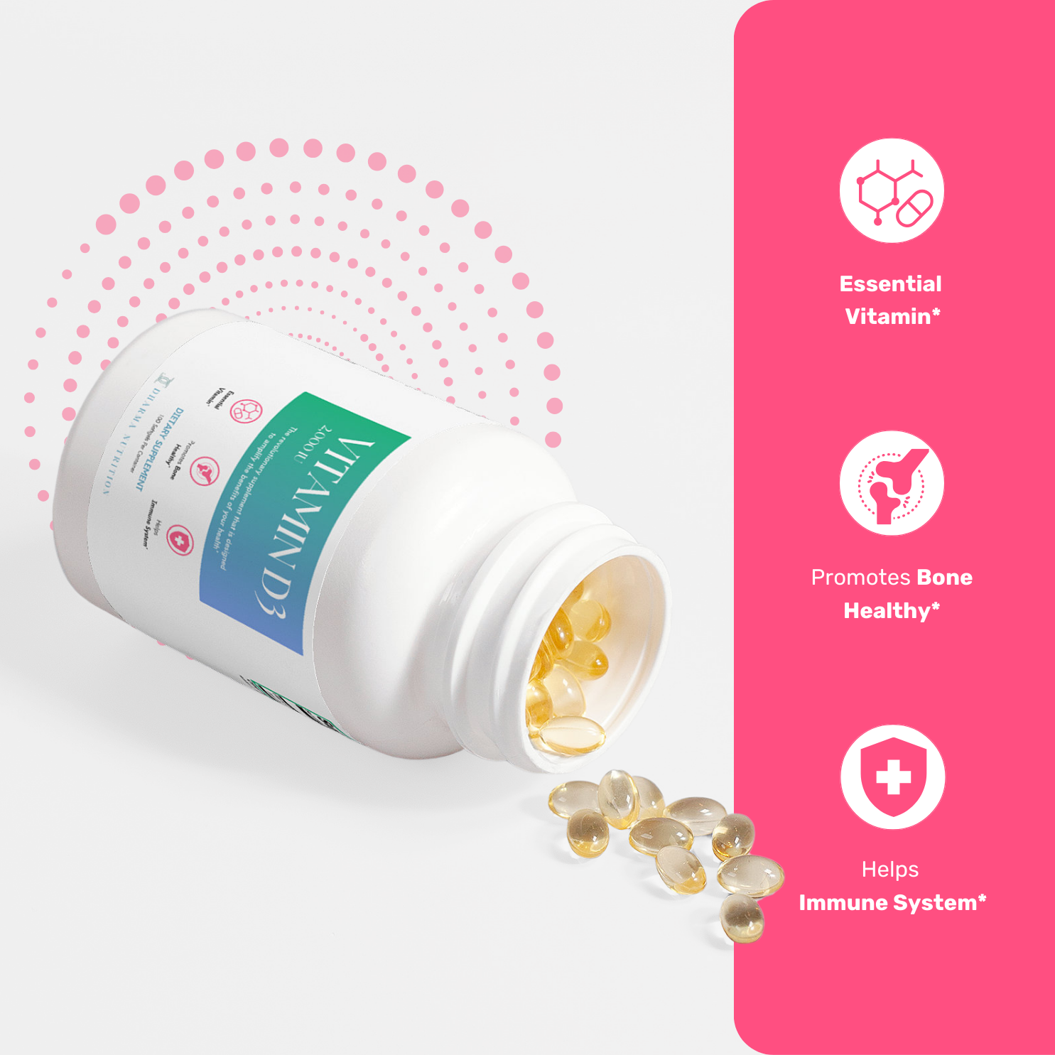 Vitamin D3 2000 IU bottle label showing cholecalciferol ingredients and supplement facts